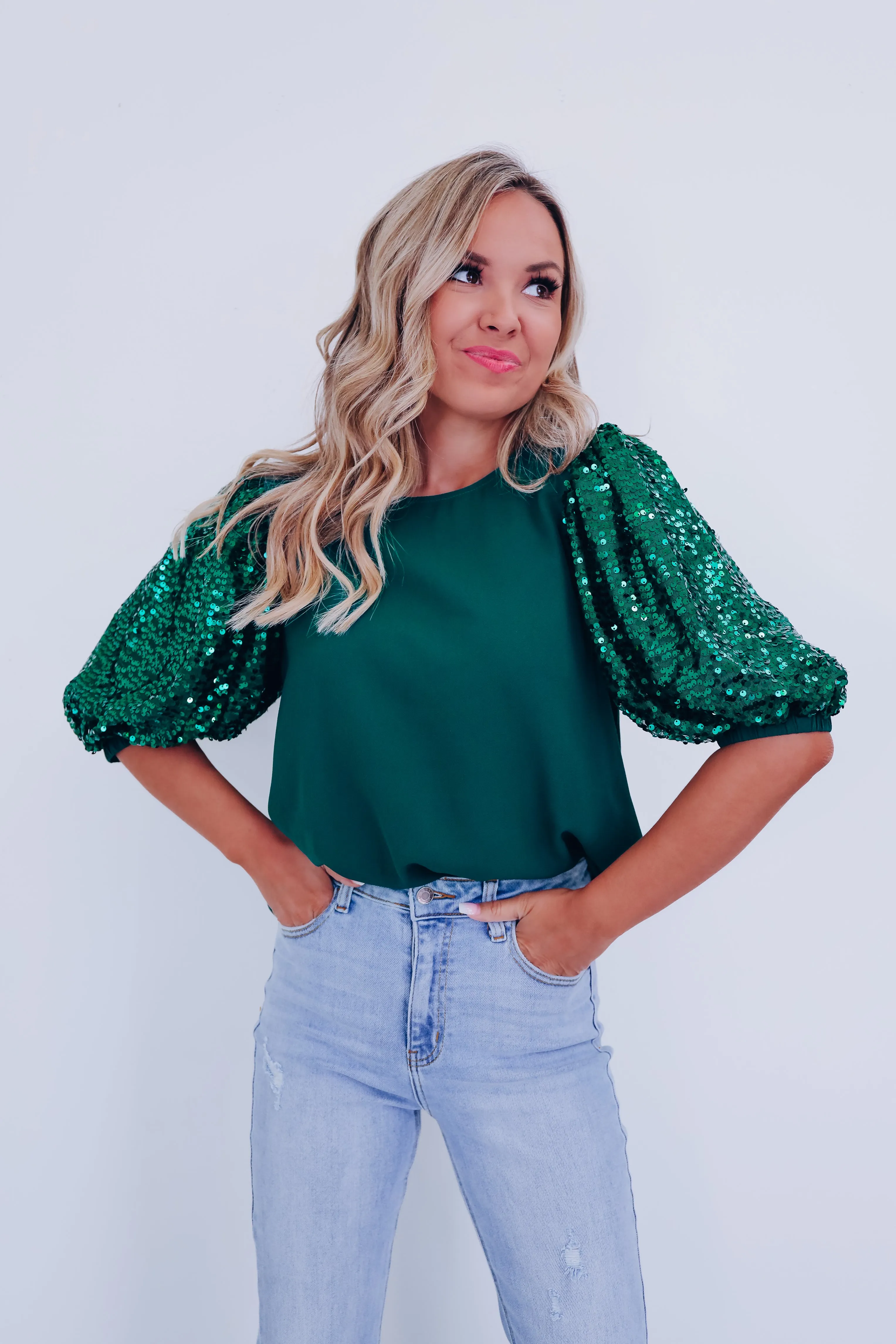 Fancy Affair Sequin Sleeve Top - Hunter Green
