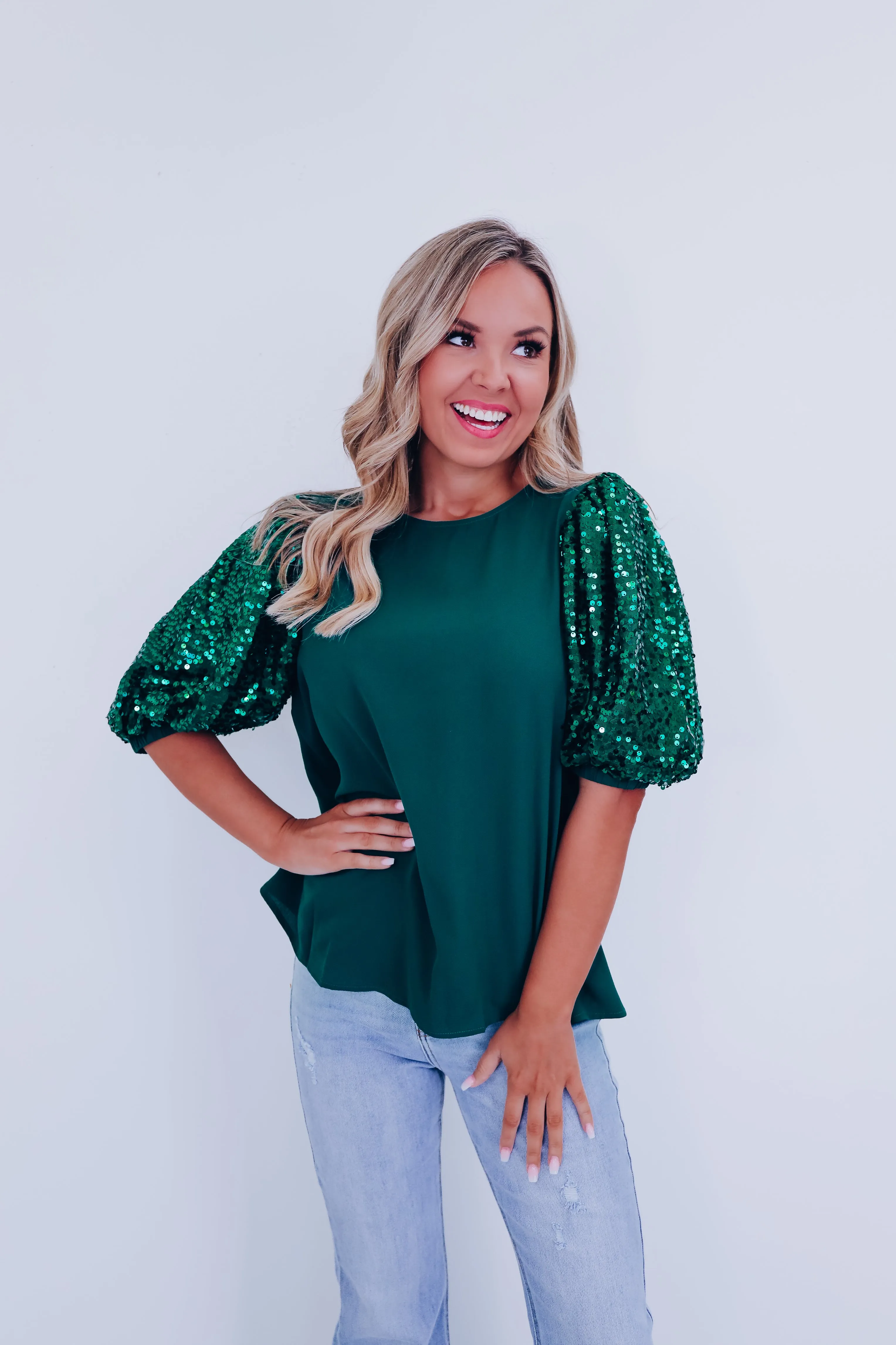 Fancy Affair Sequin Sleeve Top - Hunter Green