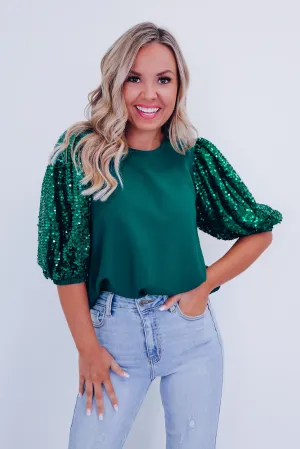 Fancy Affair Sequin Sleeve Top - Hunter Green