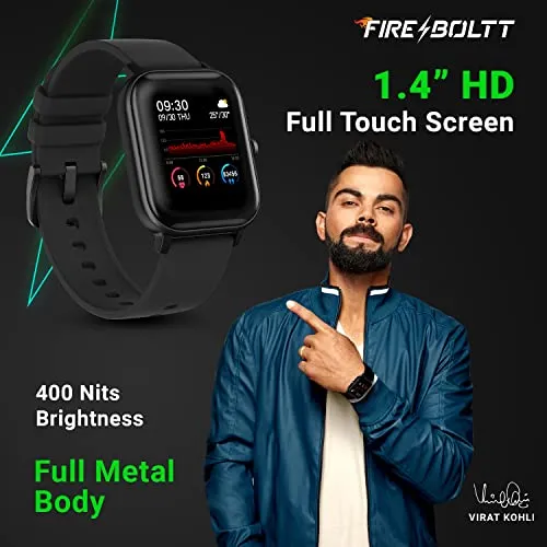 Fire-Boltt SpO2 Full Touch 1.4 inch Smart Watch 400 Nits Peak Brightness Metal Body 8 Days Battery Life with 24*7 Heart Rate monitoring IPX7 with Blood Oxygen, Fitness, Sports & Sleep Tracking (Black)