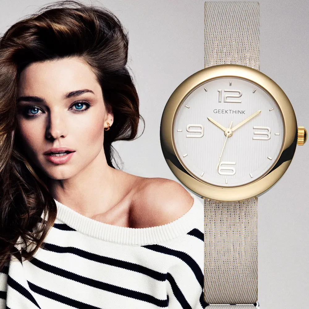 GEEKTHINK One-Piece Quartz Watches Women Brand Ladies Simple Casual Leather strap Wristwatch Gold Girl Clock Female & Gift Box