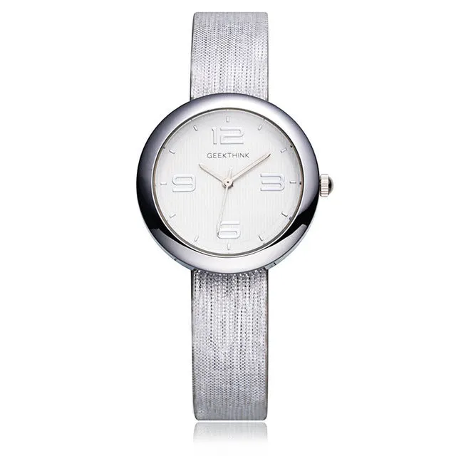 GEEKTHINK One-Piece Quartz Watches Women Brand Ladies Simple Casual Leather strap Wristwatch Gold Girl Clock Female & Gift Box
