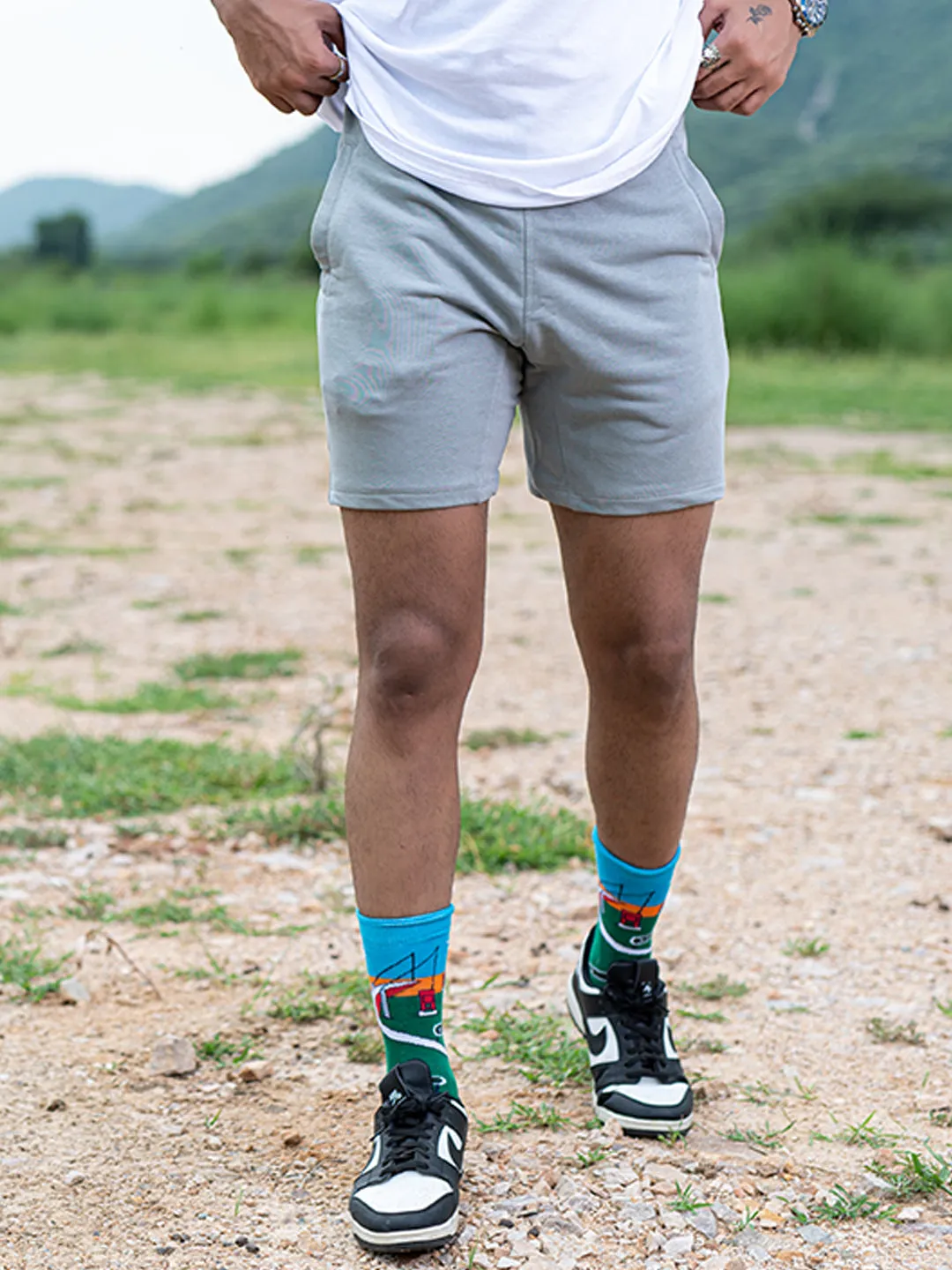 Grey Cut Poket Solid Pattern Cotton Shorts