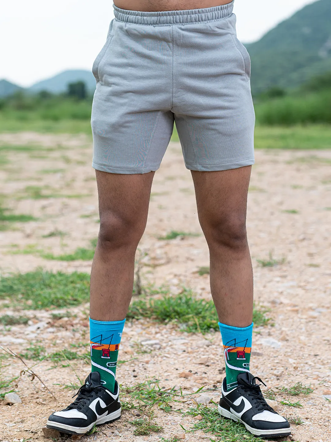 Grey Cut Poket Solid Pattern Cotton Shorts