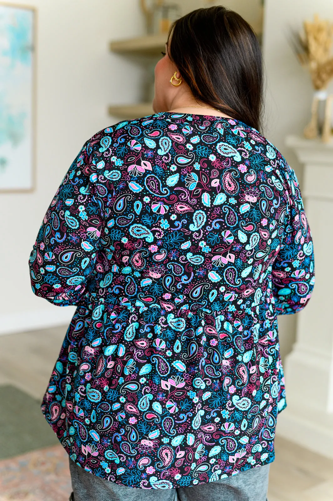 Hazel Blues® |  Lizzy Babydoll Top in Black Petite Paisley