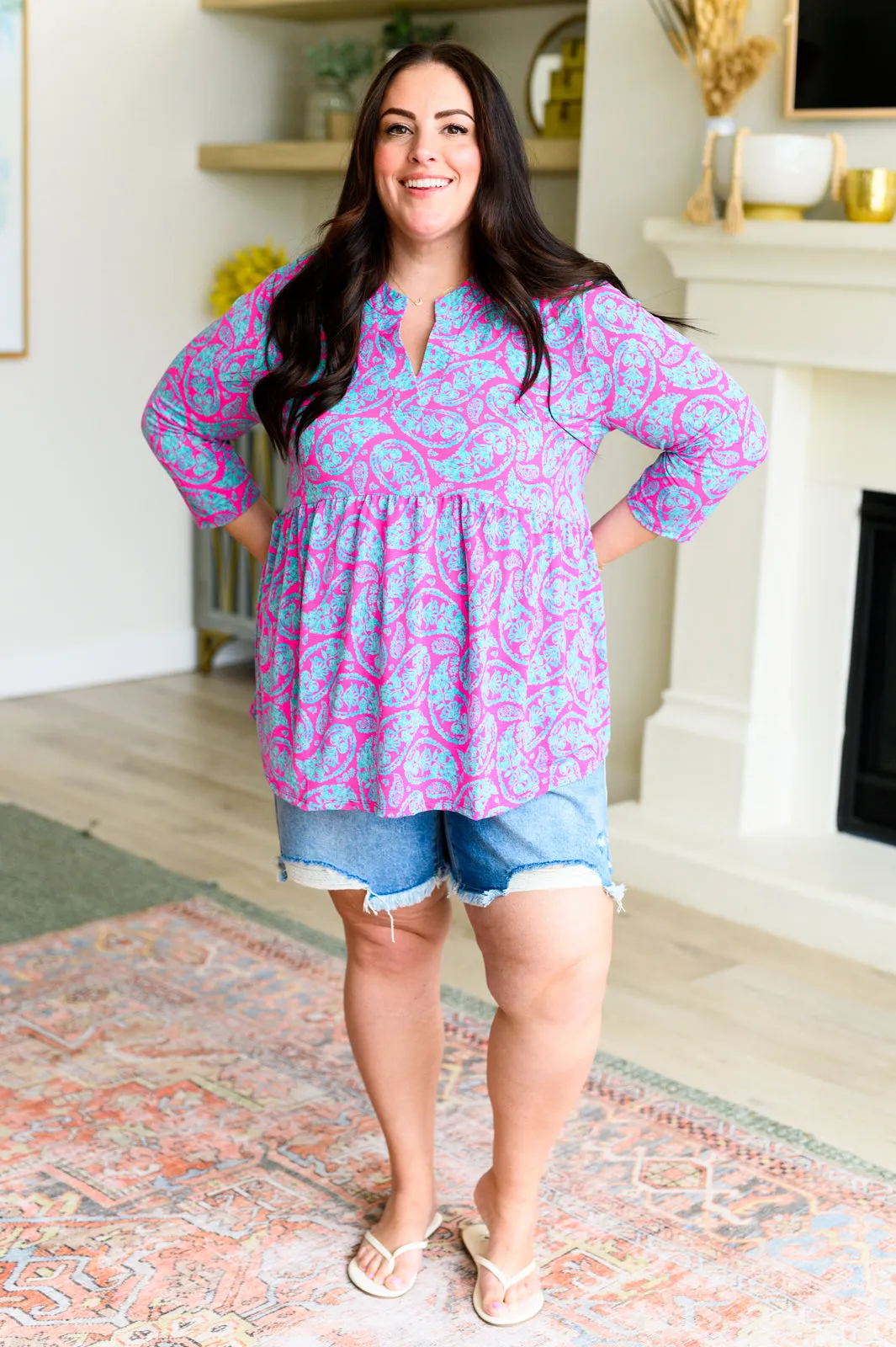 Hazel Blues® |  Lizzy Babydoll Top in Emerald and Pink Paisley