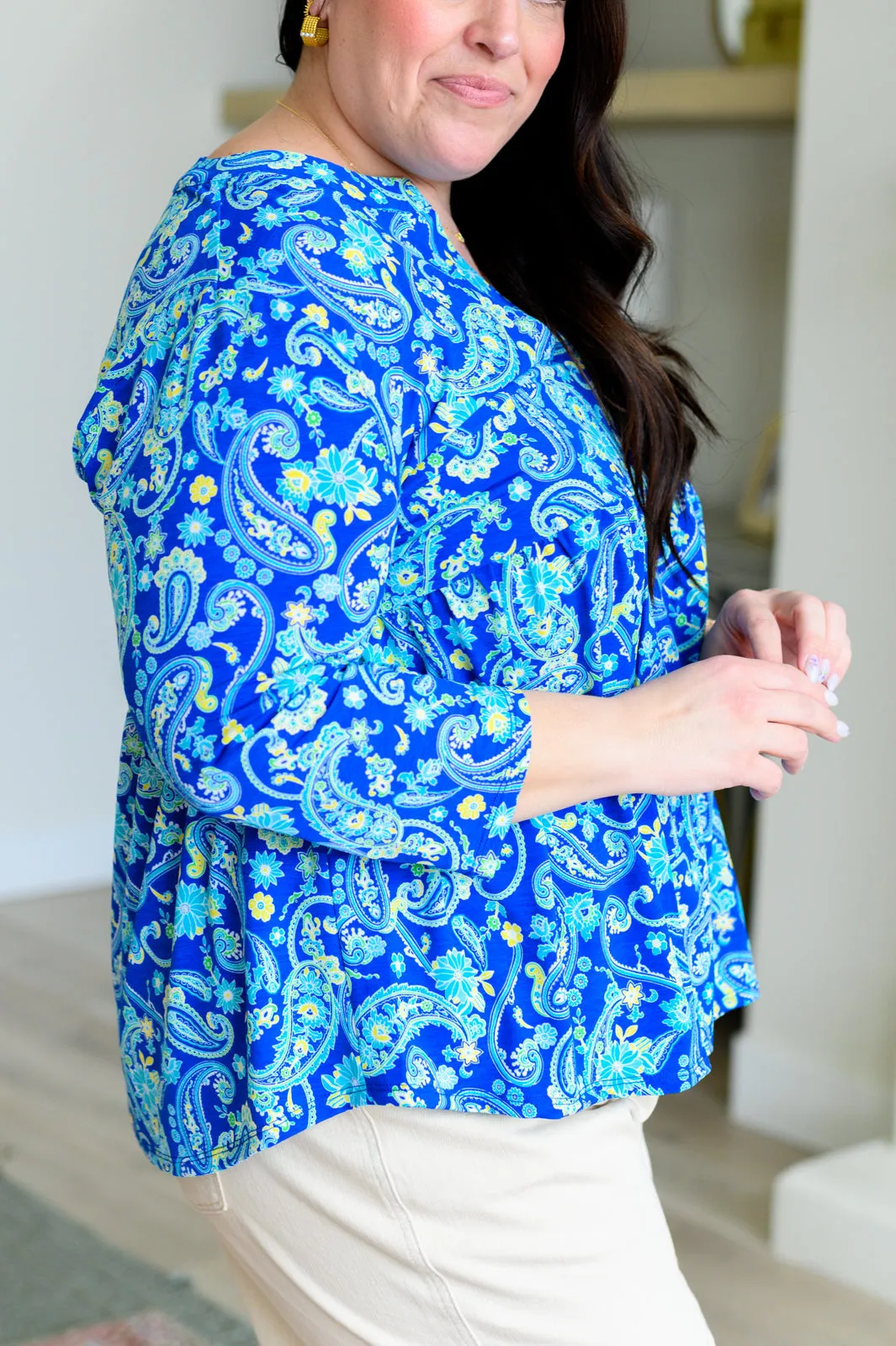 Hazel Blues® |  Lizzy Babydoll Top in Royal and Mint Paisley