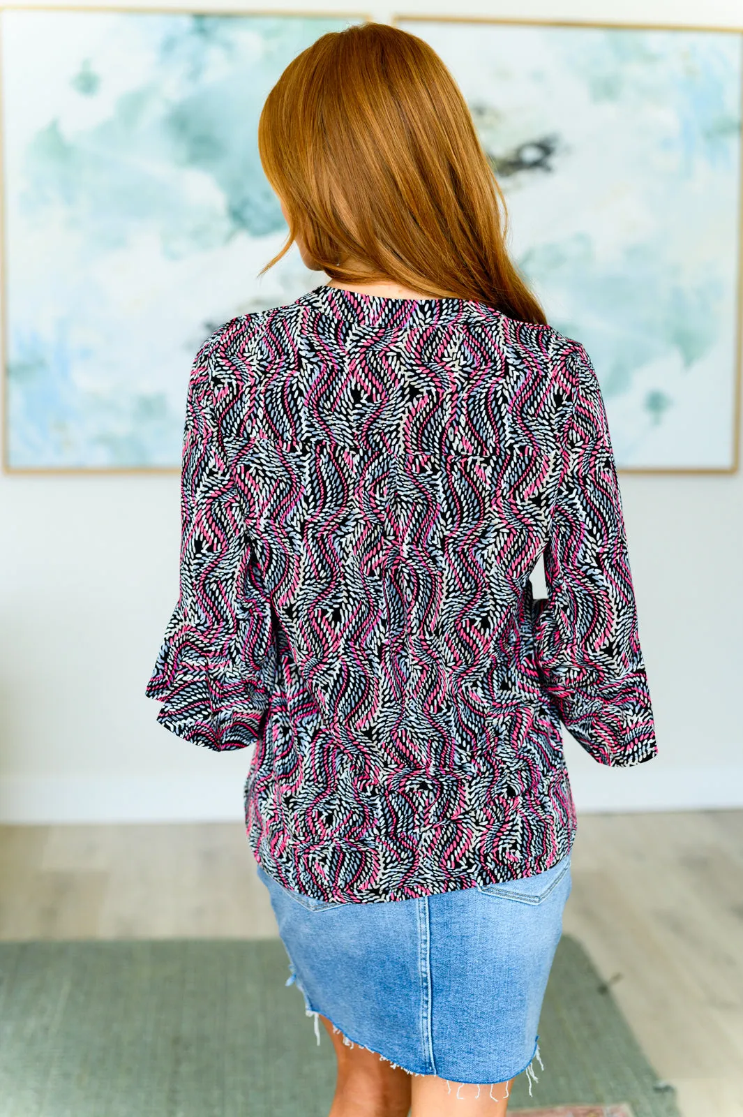 Hazel Blues® |  Lizzy Bell Sleeve Top in Black and Pink Rope