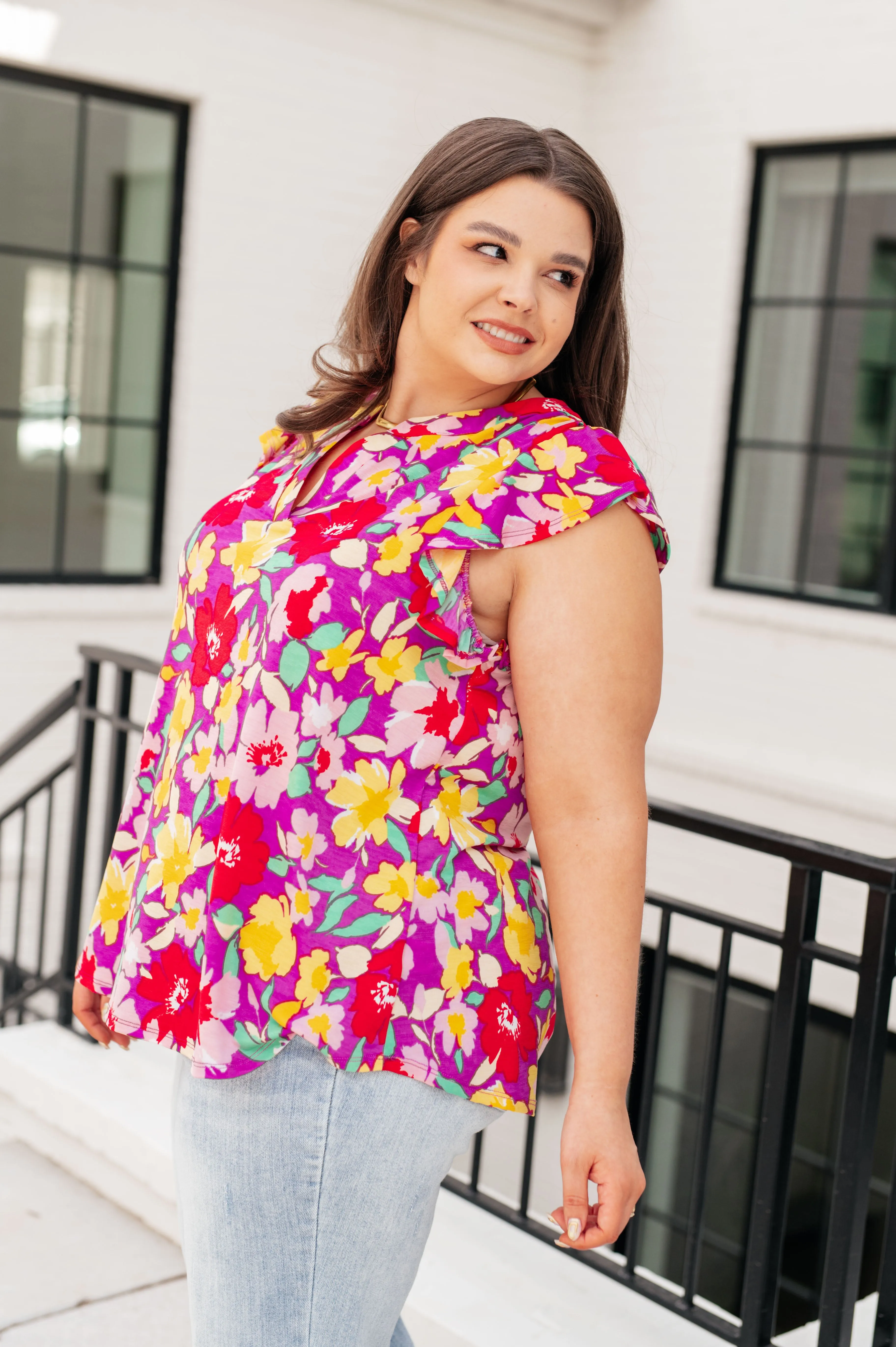 Hazel Blues® |  Lizzy Flutter Sleeve Top in Magenta and Yellow Floral