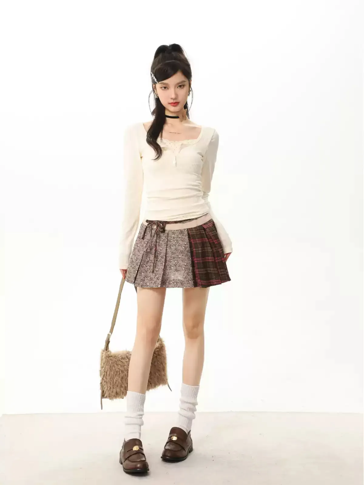 High waist a-line pleated short skirt