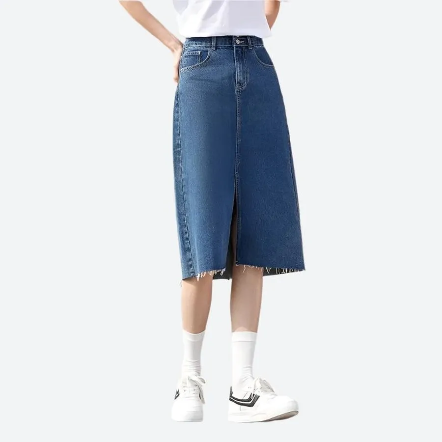 High-Waist Front Slit Denim Skirts
