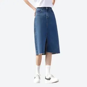 High-Waist Front Slit Denim Skirts