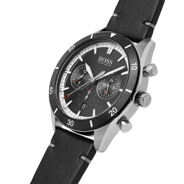 HUGO BOSS Santiago Black Leather Strap Black Dial Chronograph Quartz Watch for Gents - 1513864