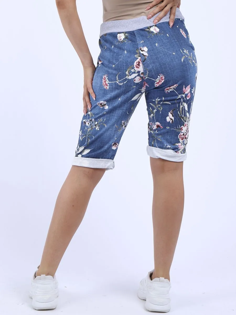 Italian Stretch Cotton Shorts Floral Blue