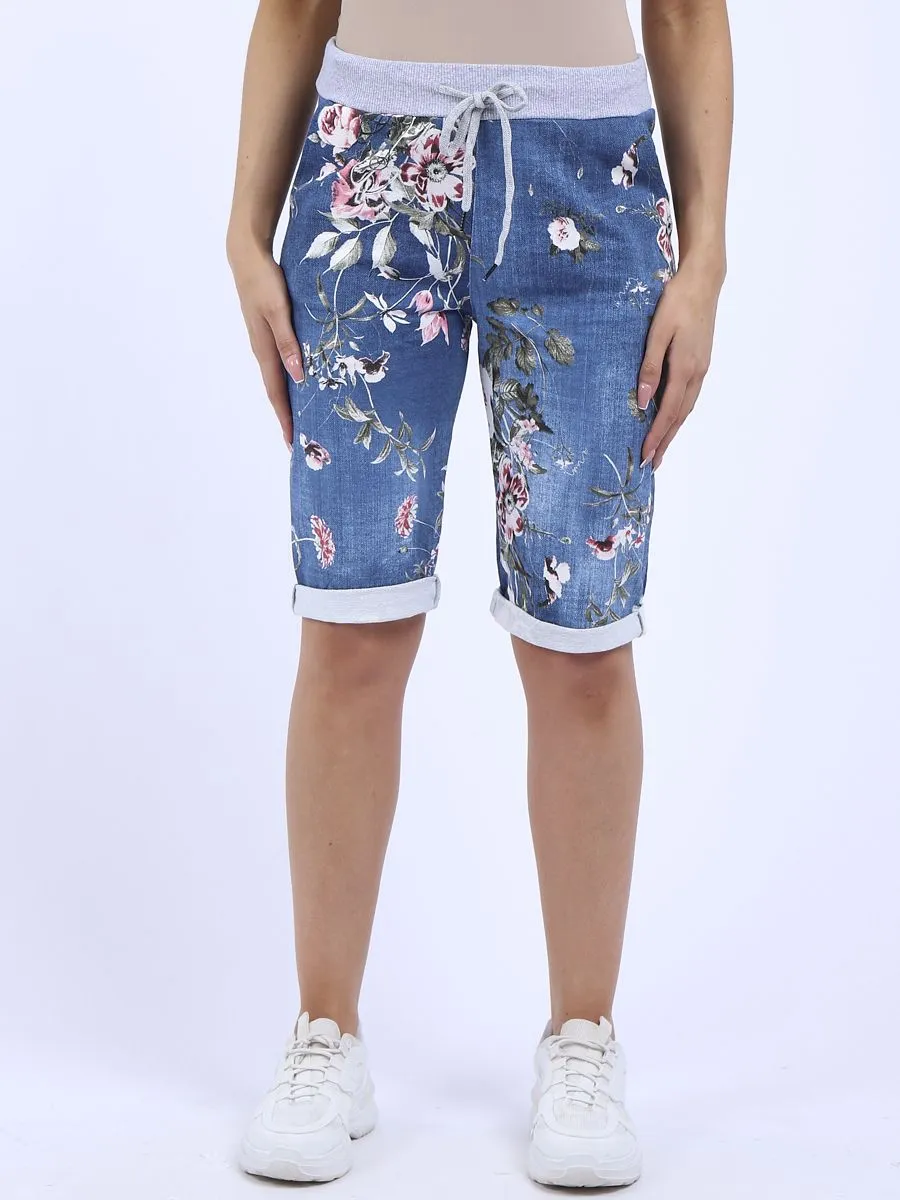 Italian Stretch Cotton Shorts Floral Blue