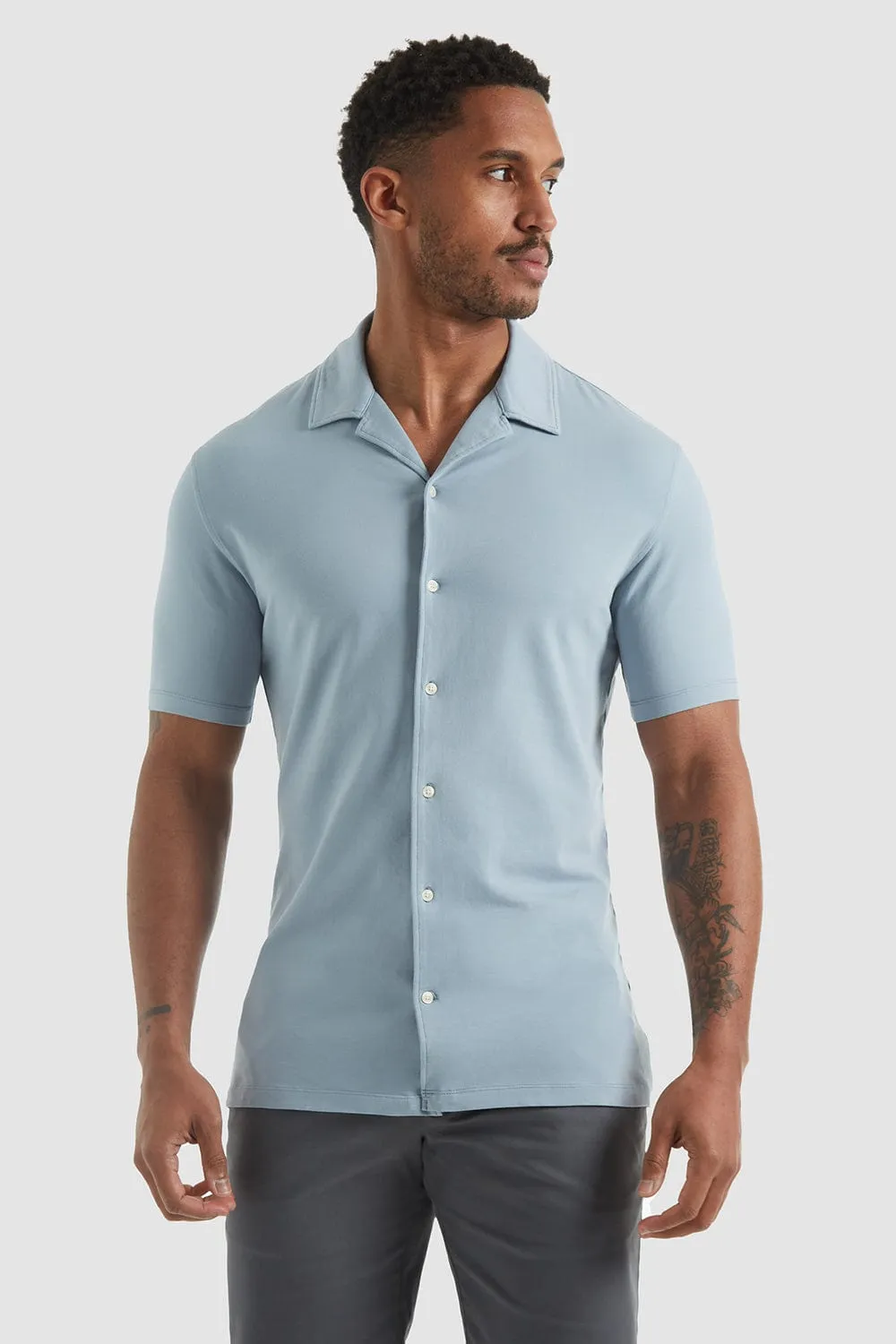 Jersey Revere Collar Shirt In Smoky Blue