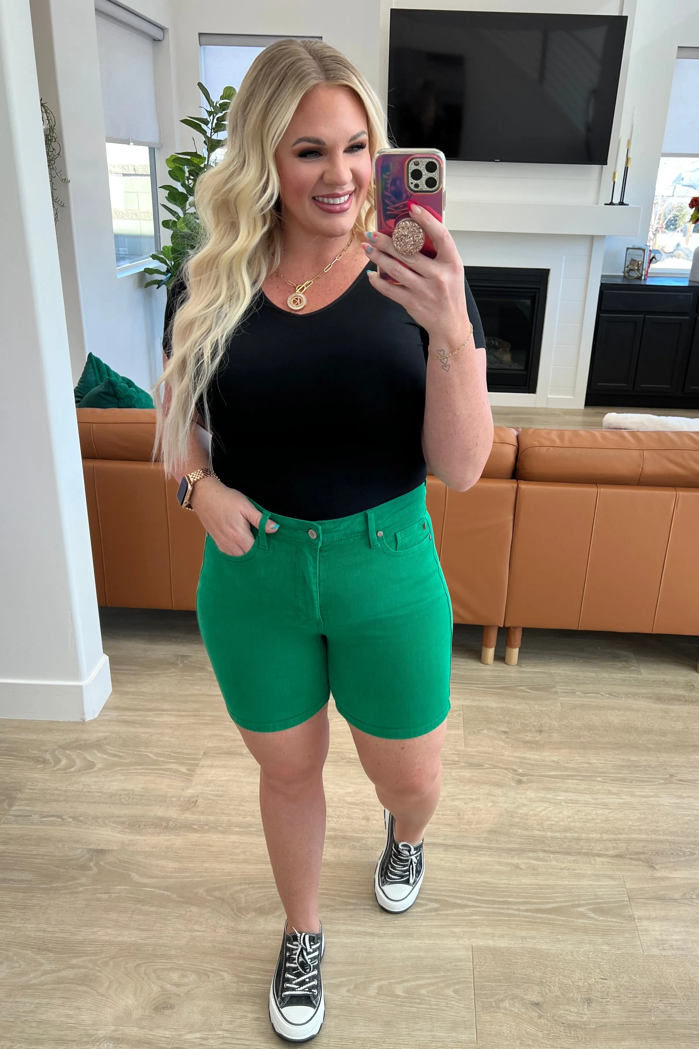 Judy Blue Green Jenna High Rise Control Top Cuffed Shorts