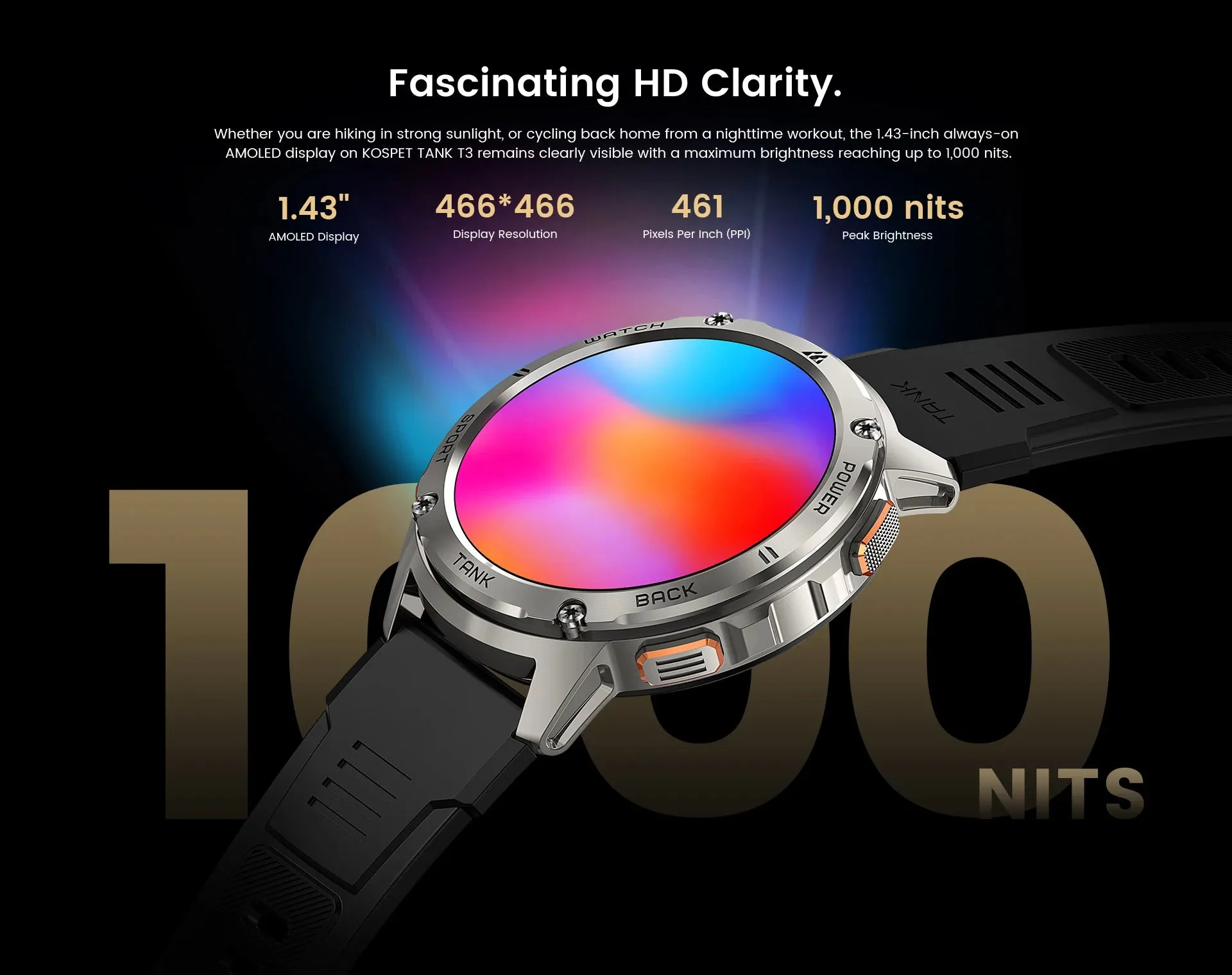 KOSPET Tank T3 1.43" AMOLED Smart Fitness Watch