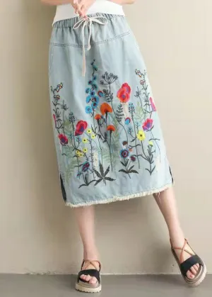Light Blue Embroideried Pockets A-Line Denim Skirts
