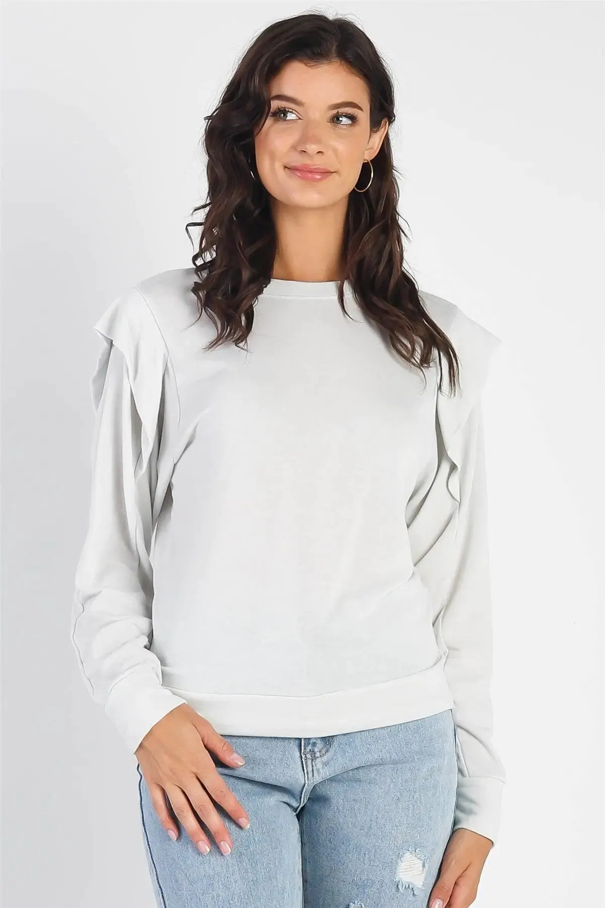 Light Sage Round Neck Long Sleeve Detail Sweatshirt