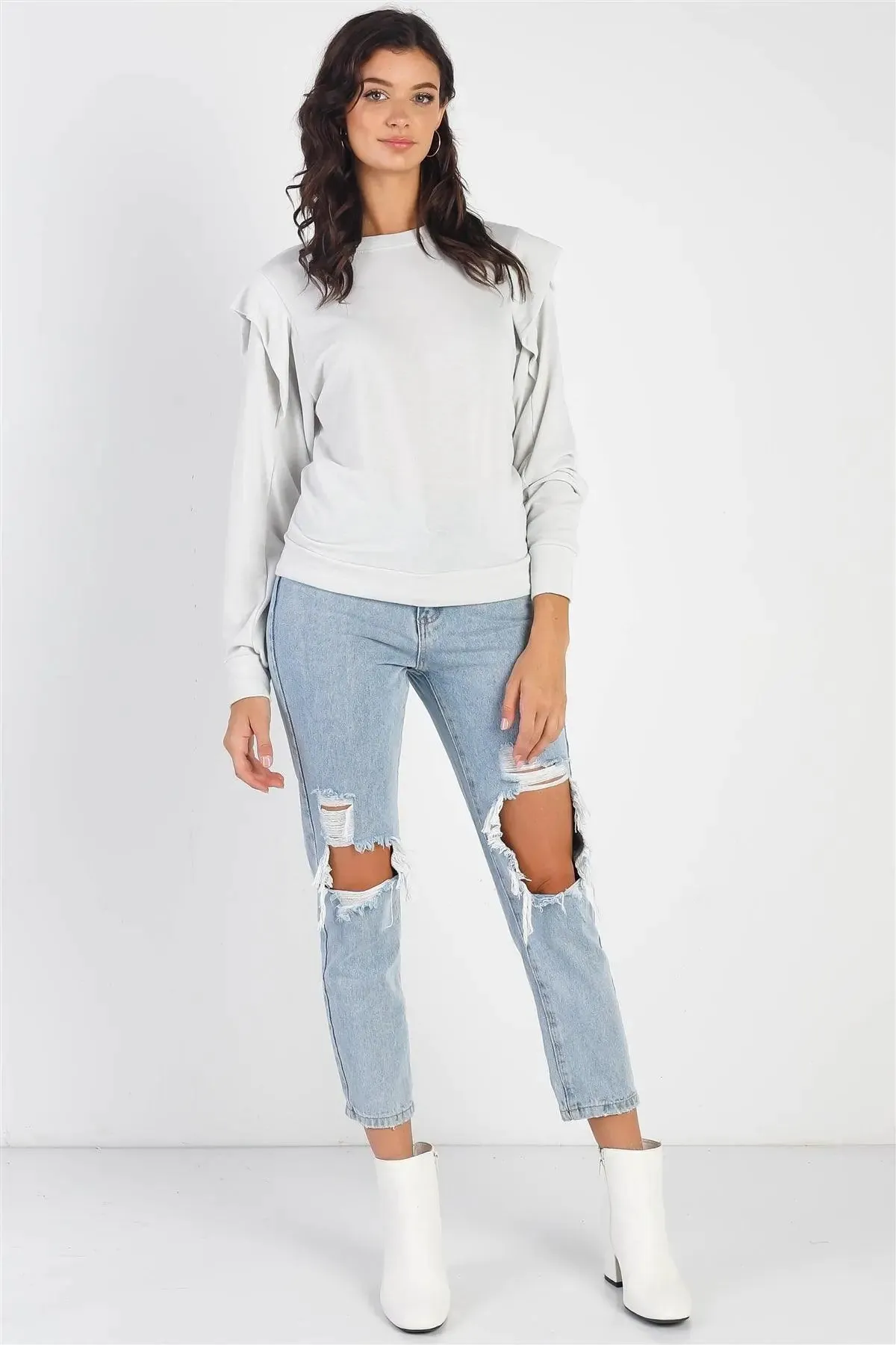 Light Sage Round Neck Long Sleeve Detail Sweatshirt