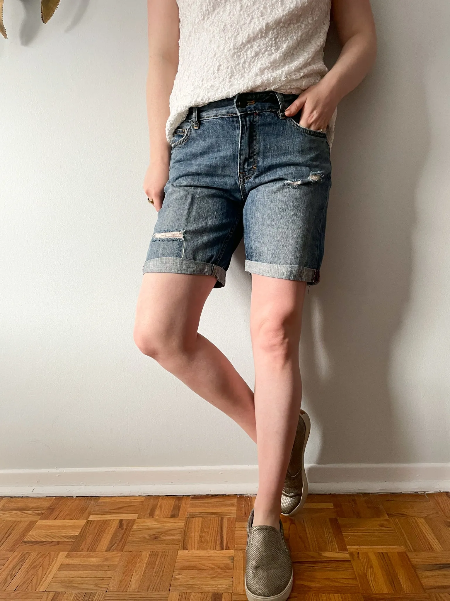 L.O.G.G. Distressed Mid Rise Cuffed Cotton Denim Shorts - Size 27