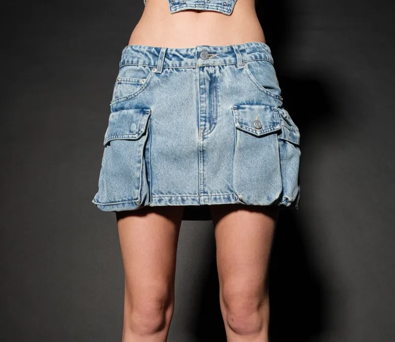 Low Rise Denim Cargo Skirt