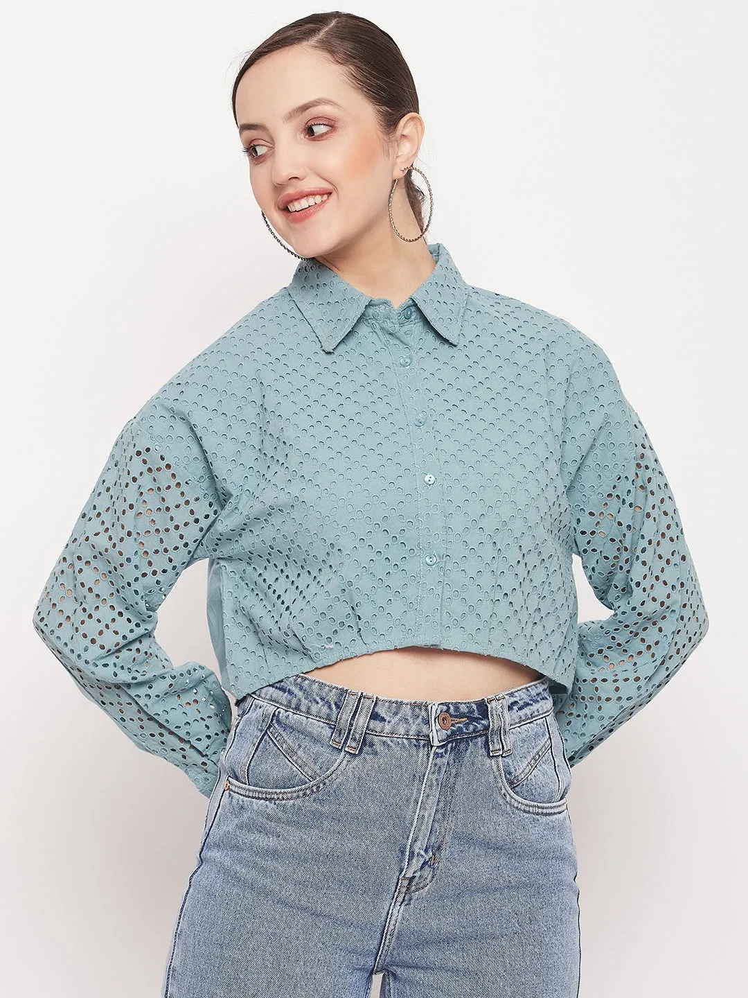 Madame Green Schiffli  Crop Shirt