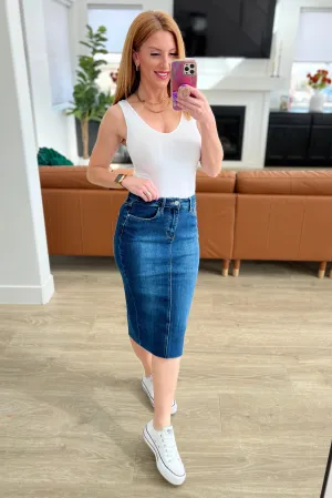Marcy High Rise Denim Midi Skirt by Judy Blue
