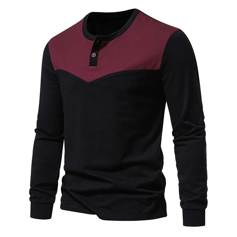 Men Crewneck Buttons Bicolor Long Sleeves T-Shirt