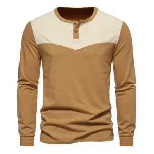Men Crewneck Buttons Bicolor Long Sleeves T-Shirt