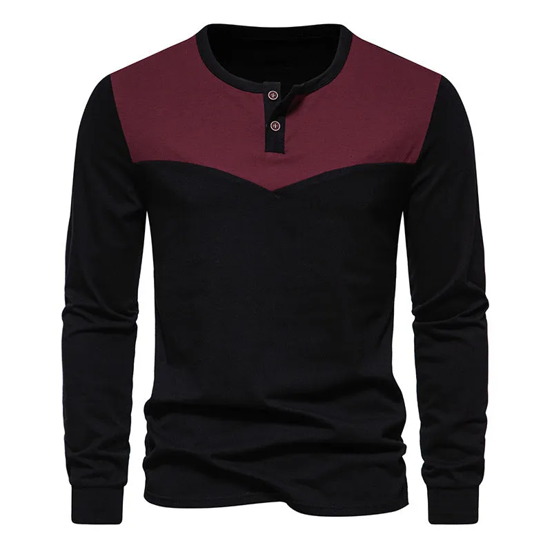 Men Crewneck Buttons Bicolor Long Sleeves T-Shirt