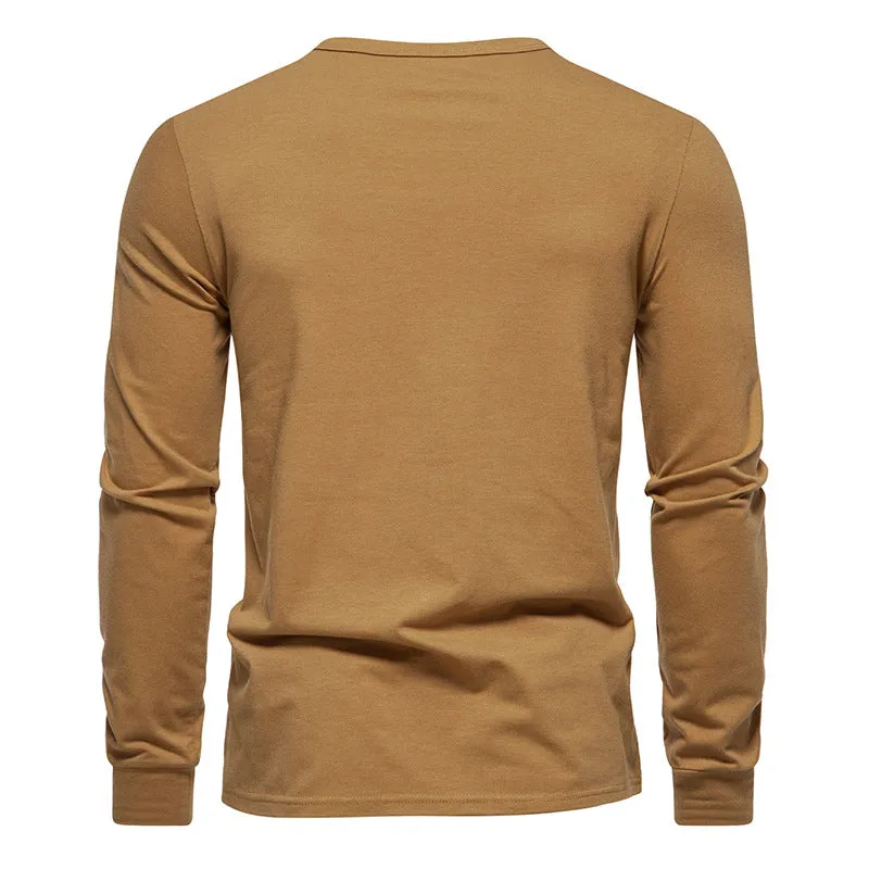 Men Crewneck Buttons Bicolor Long Sleeves T-Shirt