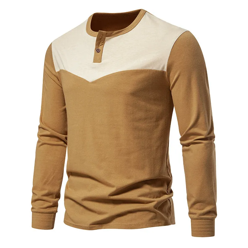 Men Crewneck Buttons Bicolor Long Sleeves T-Shirt