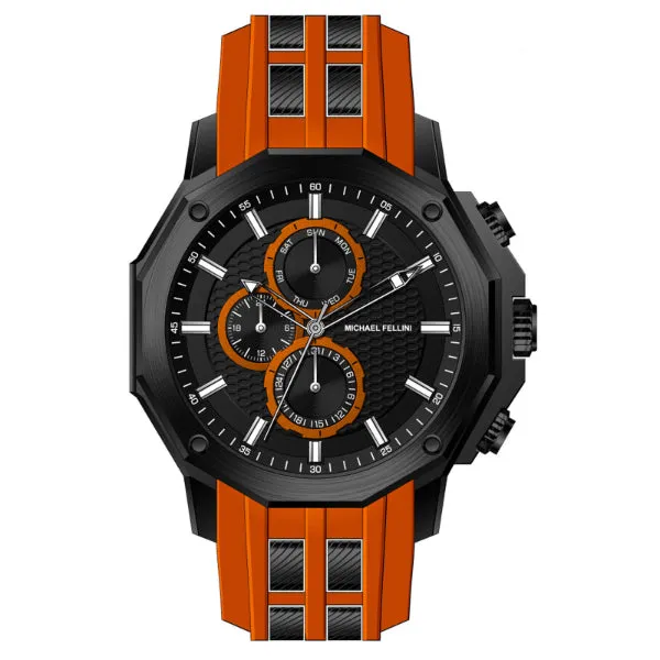 Michael Fellini Orange Silicone Strap Black Dial Chronograph Quartz Watch for Gents - MF-2346-05