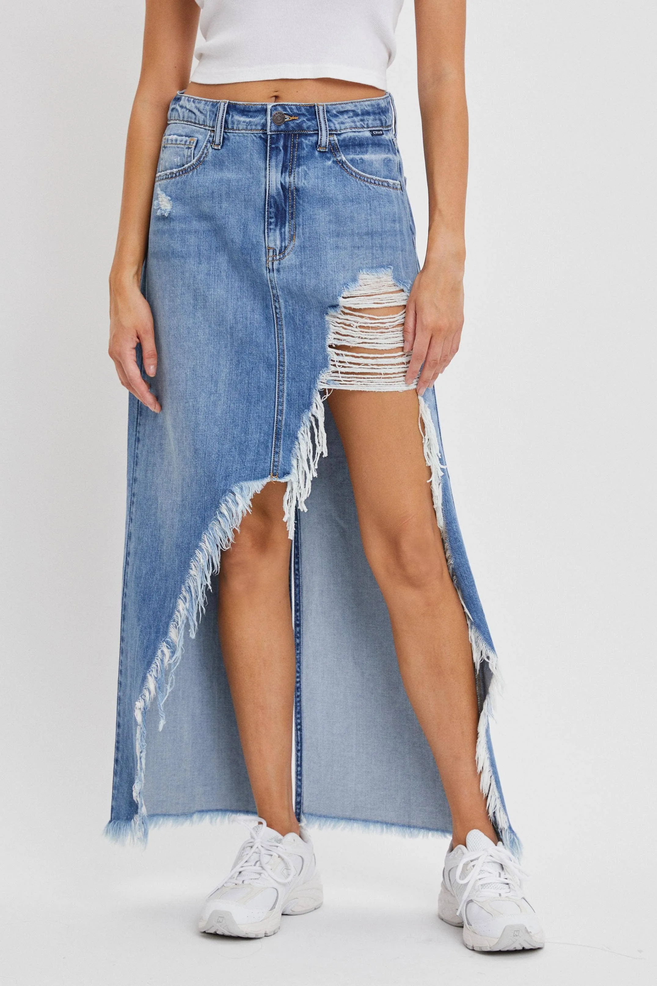 Mid Waisted Column Skirt Deconstructed Hem Cello Jeans (Light Wash)