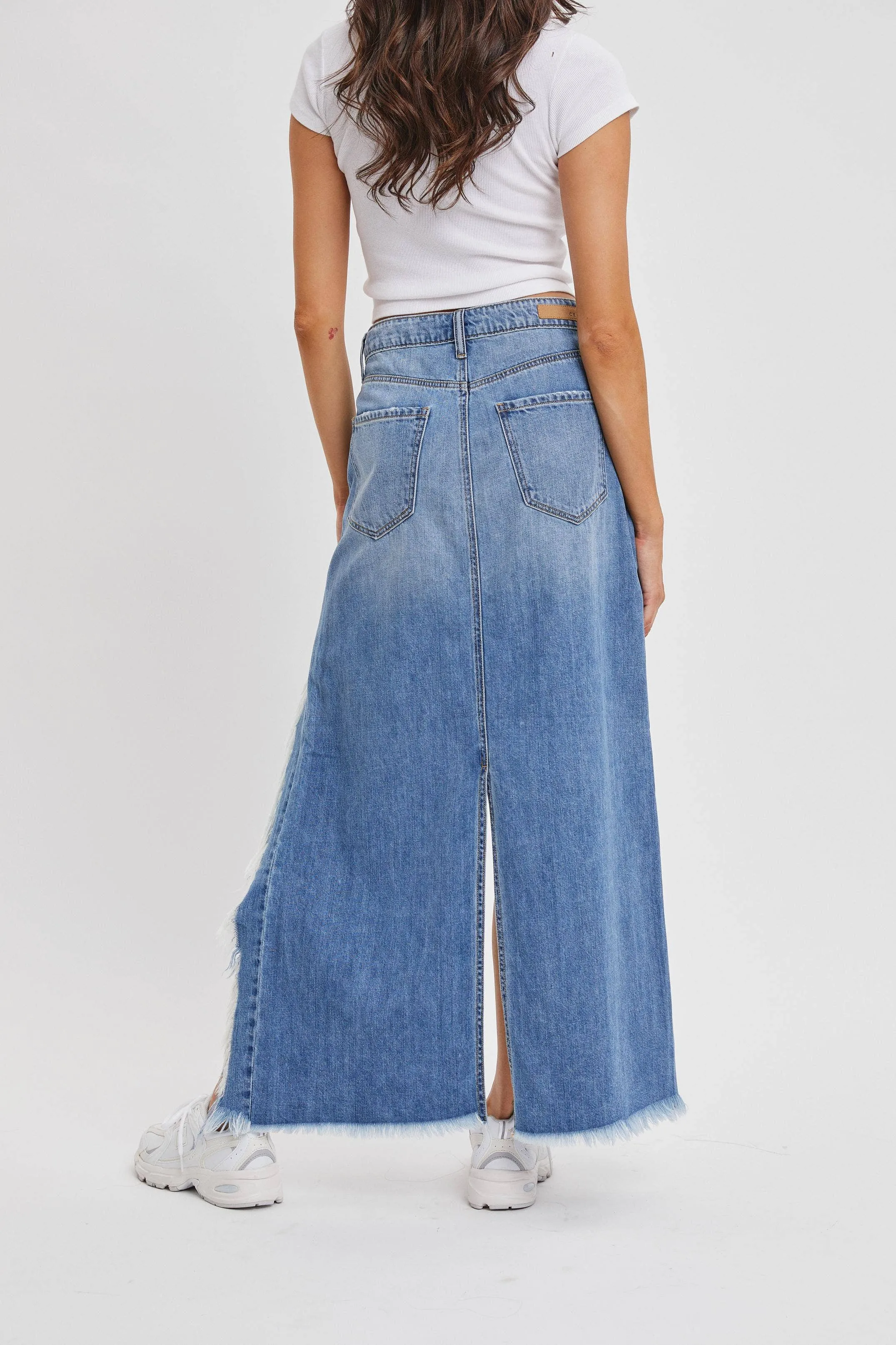 Mid Waisted Column Skirt Deconstructed Hem Cello Jeans (Light Wash)
