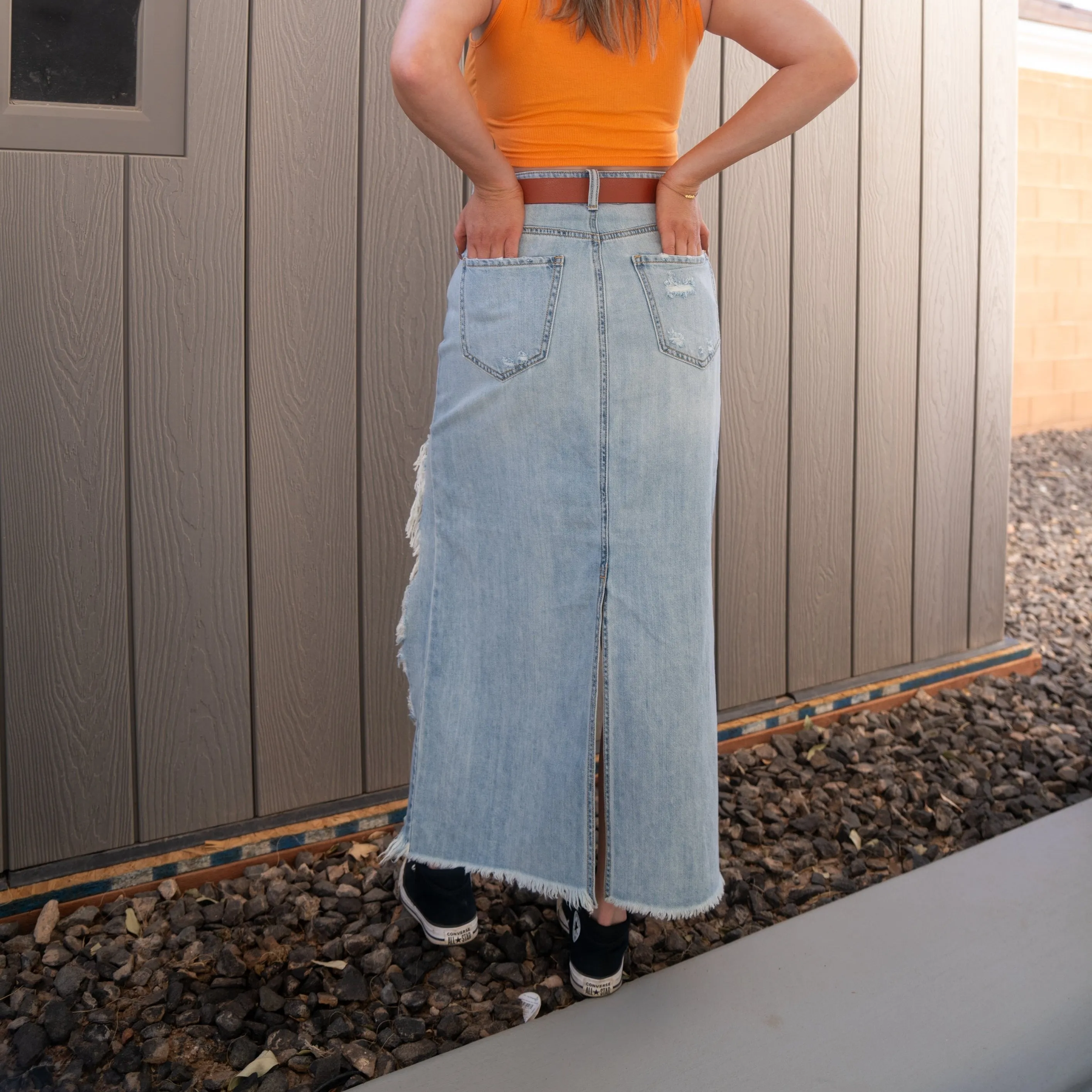 Mid Waisted Column Skirt Deconstructed Hem Cello Jeans (Light Wash)