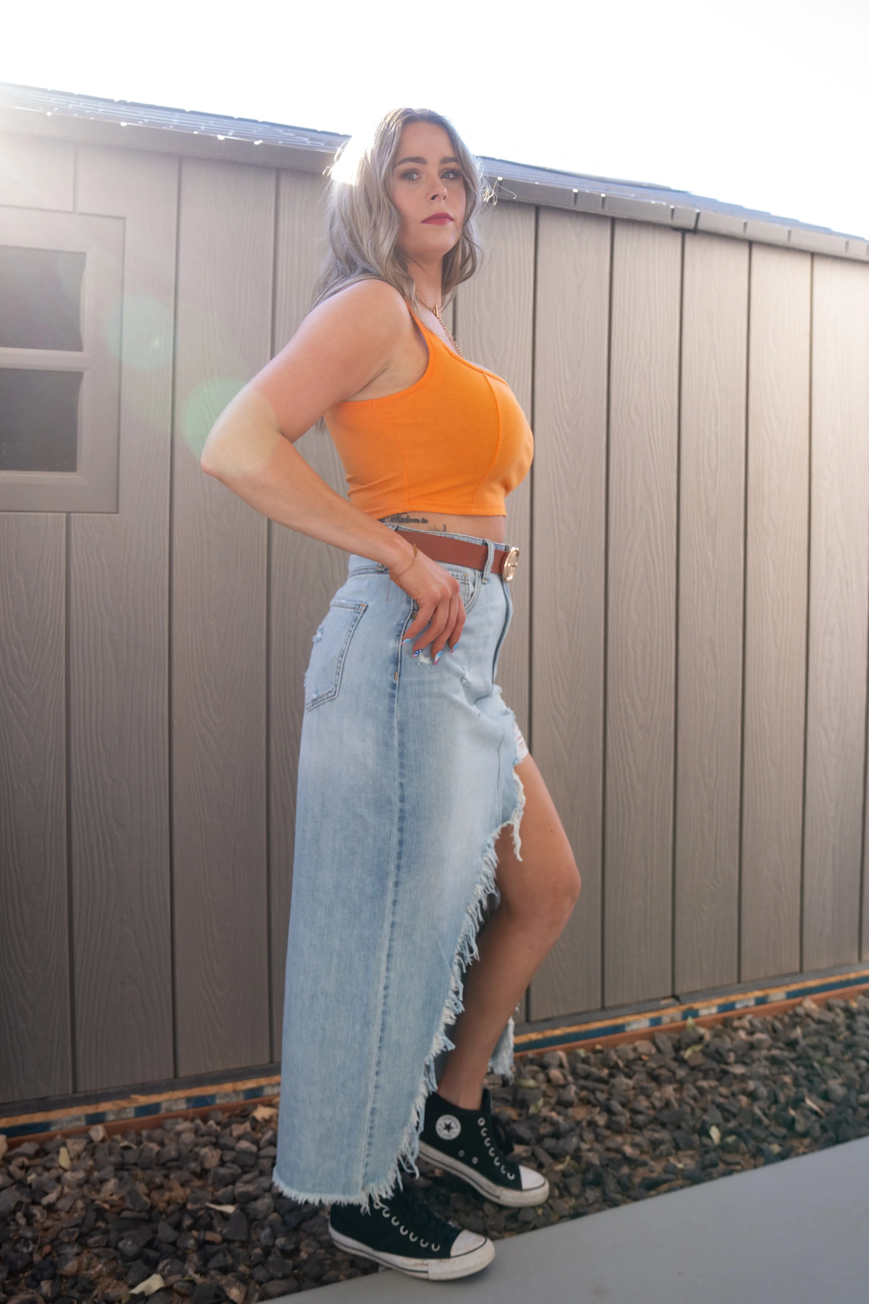 Mid Waisted Column Skirt Deconstructed Hem Cello Jeans (Light Wash)
