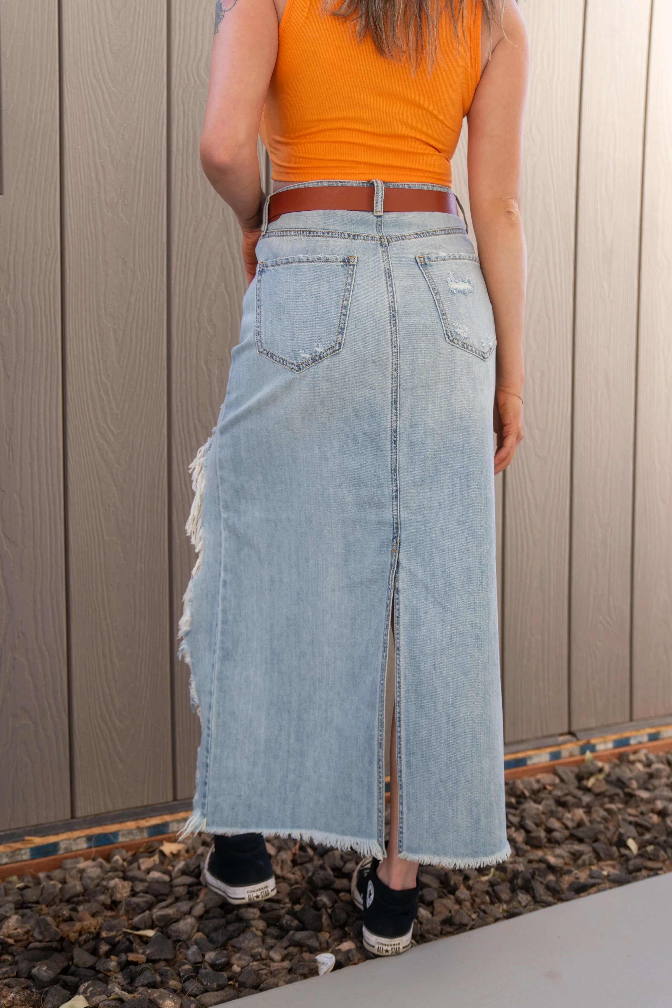 Mid Waisted Column Skirt Deconstructed Hem Cello Jeans (Light Wash)