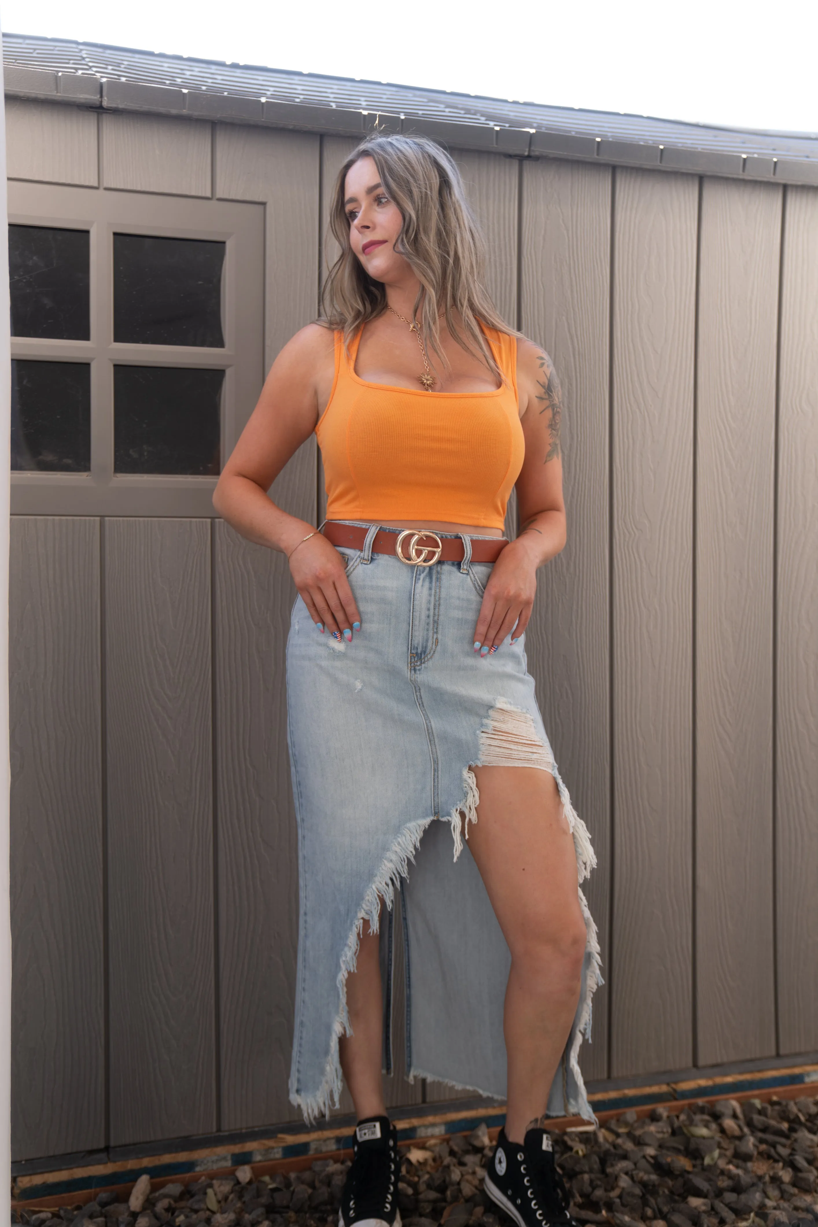 Mid Waisted Column Skirt Deconstructed Hem Cello Jeans (Light Wash)