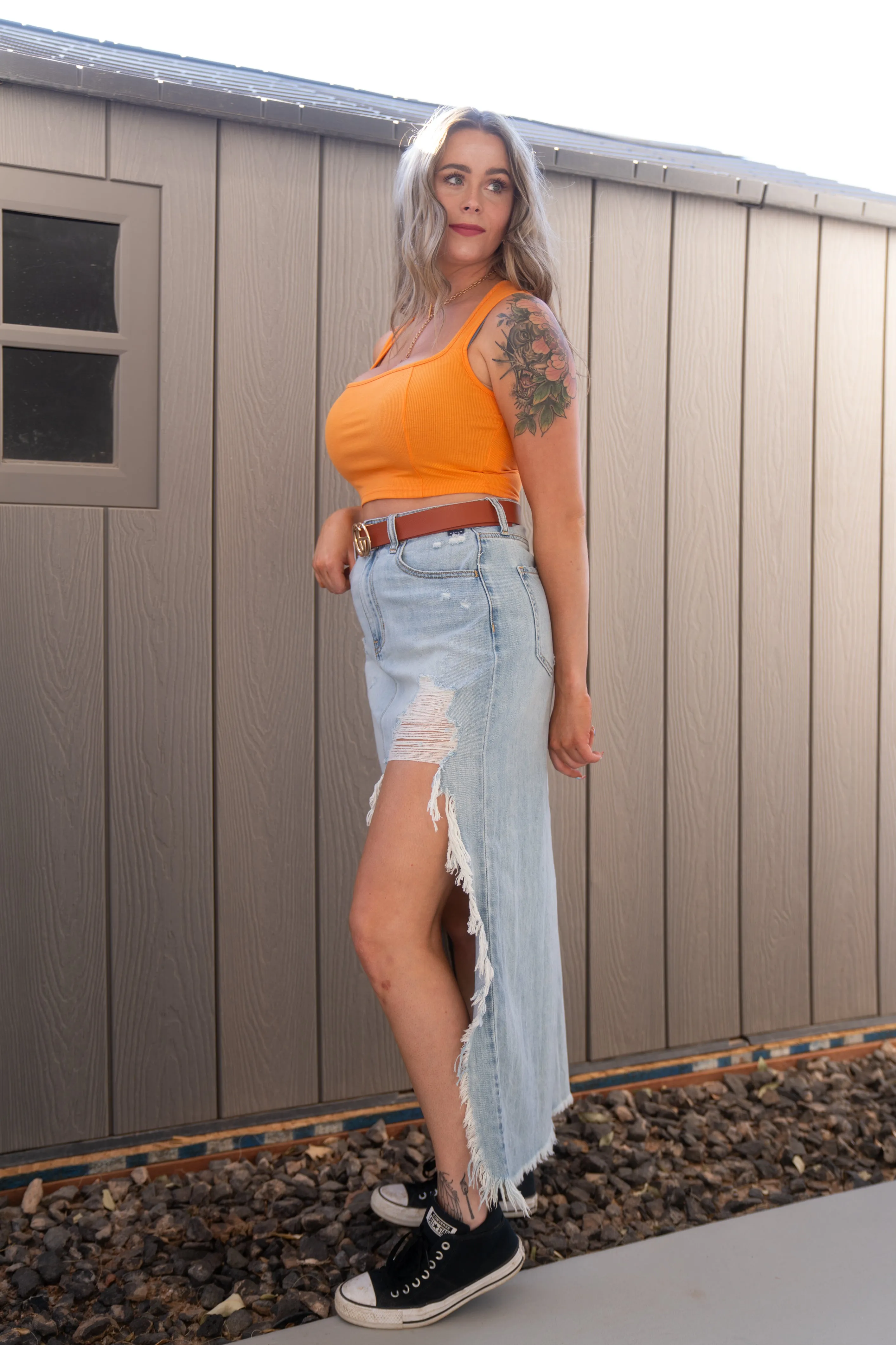Mid Waisted Column Skirt Deconstructed Hem Cello Jeans (Light Wash)