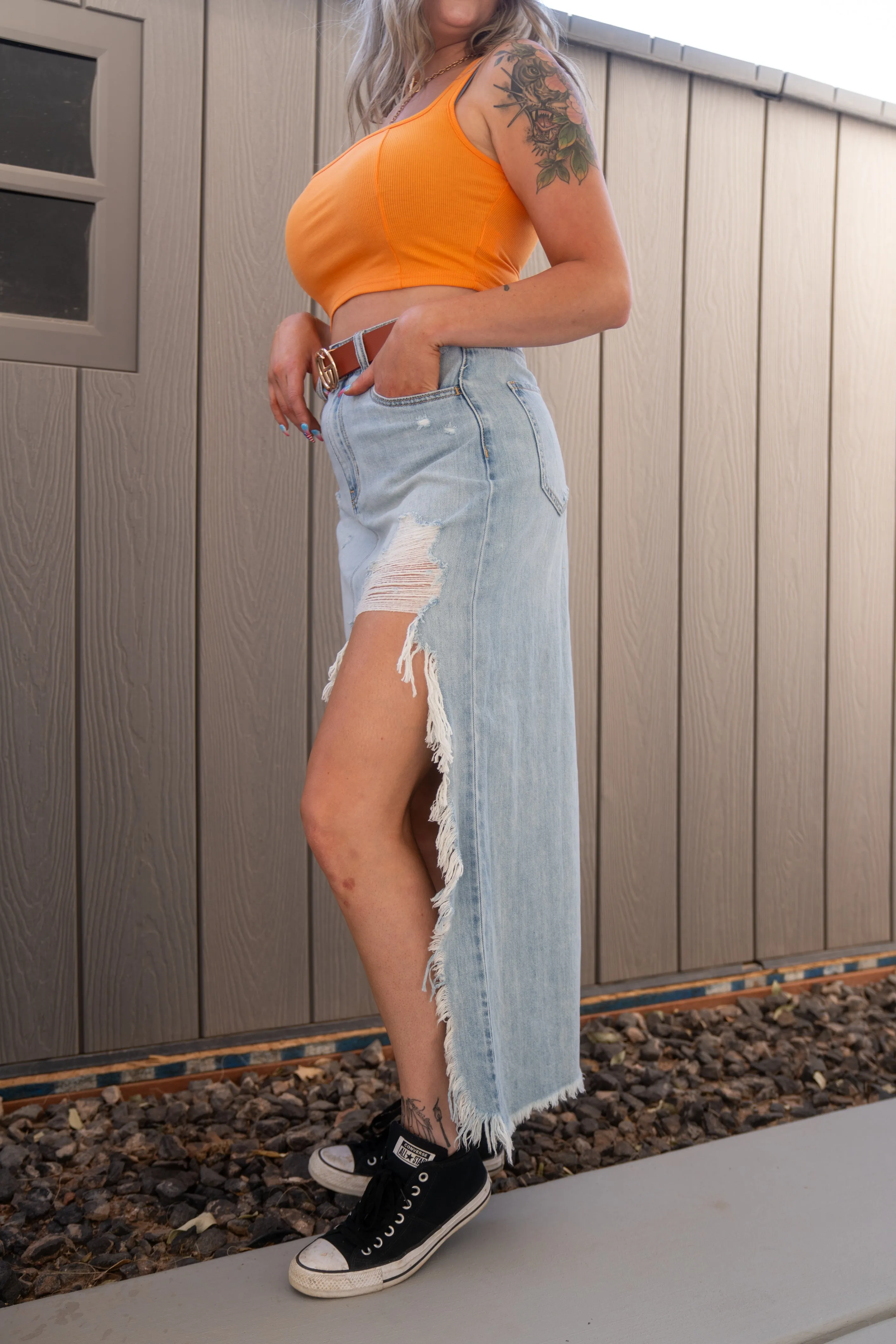 Mid Waisted Column Skirt Deconstructed Hem Cello Jeans (Light Wash)