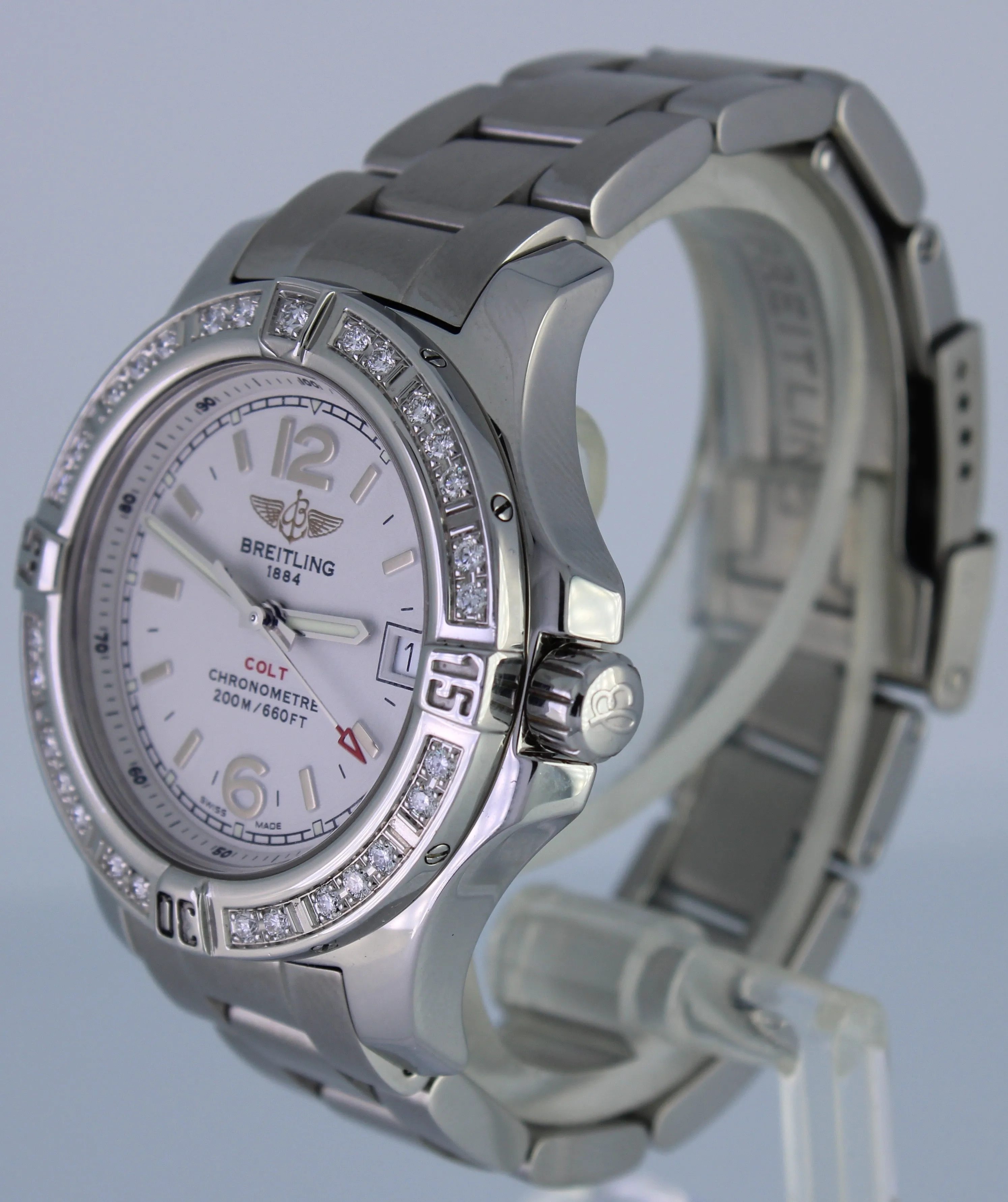 MINT Ladies Breitling Colt A7738853 White Diamond Bezel 33mm Stainless Watch