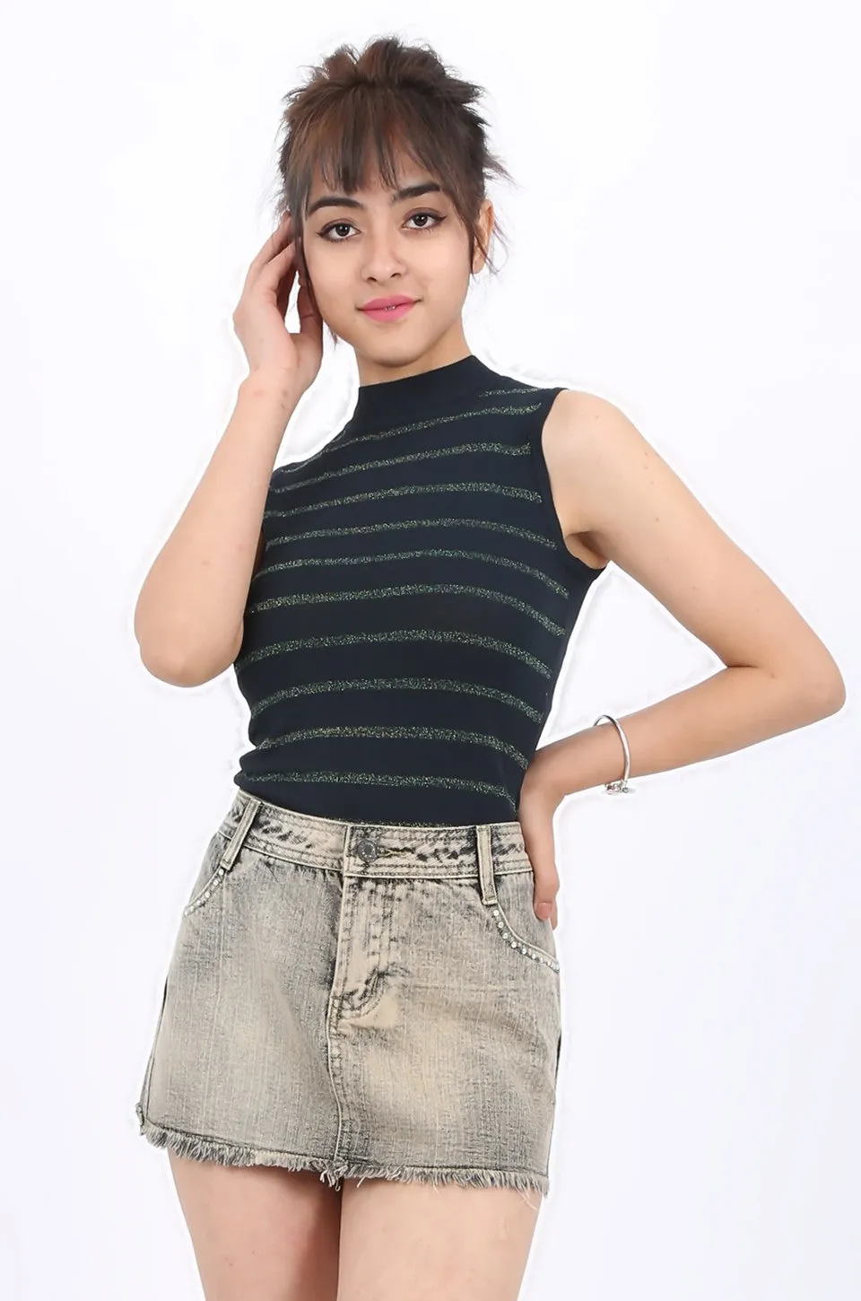MISS PINKI Sadie Diamante Mini Skirt in light grey wash