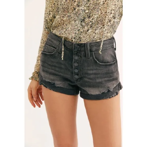 NEW Free People Romeo Rolled Cut Off Shorts Sz 31 Black Distressed Button Up
