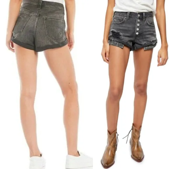 NEW Free People Romeo Rolled Cut Off Shorts Sz 31 Black Distressed Button Up