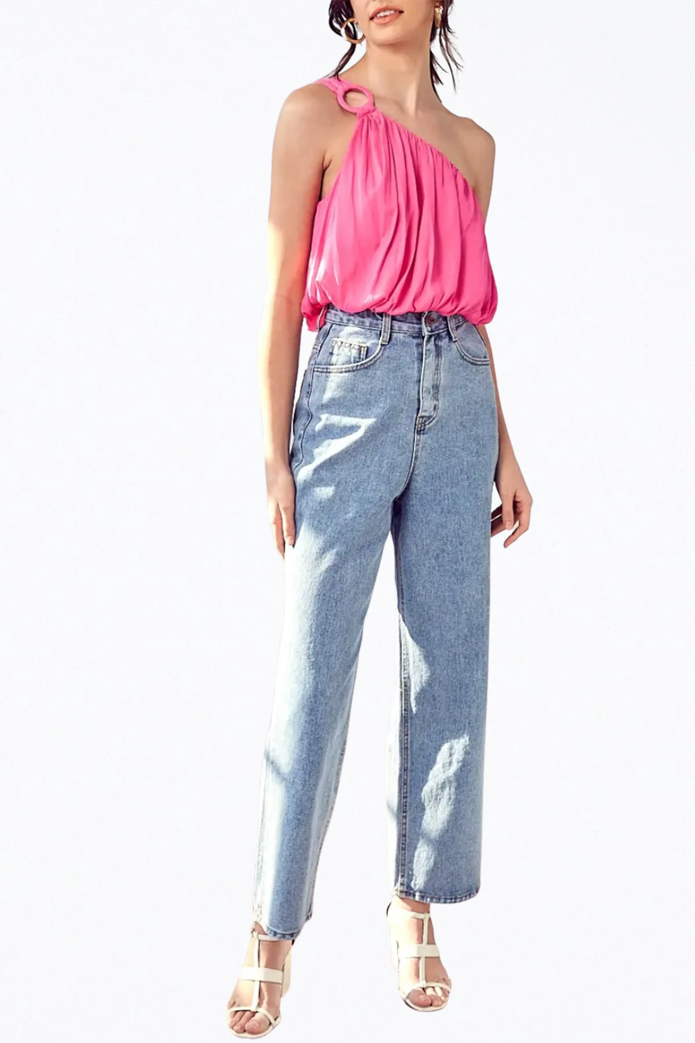 ONE-SHOULDER DRAPED SATIN TOP