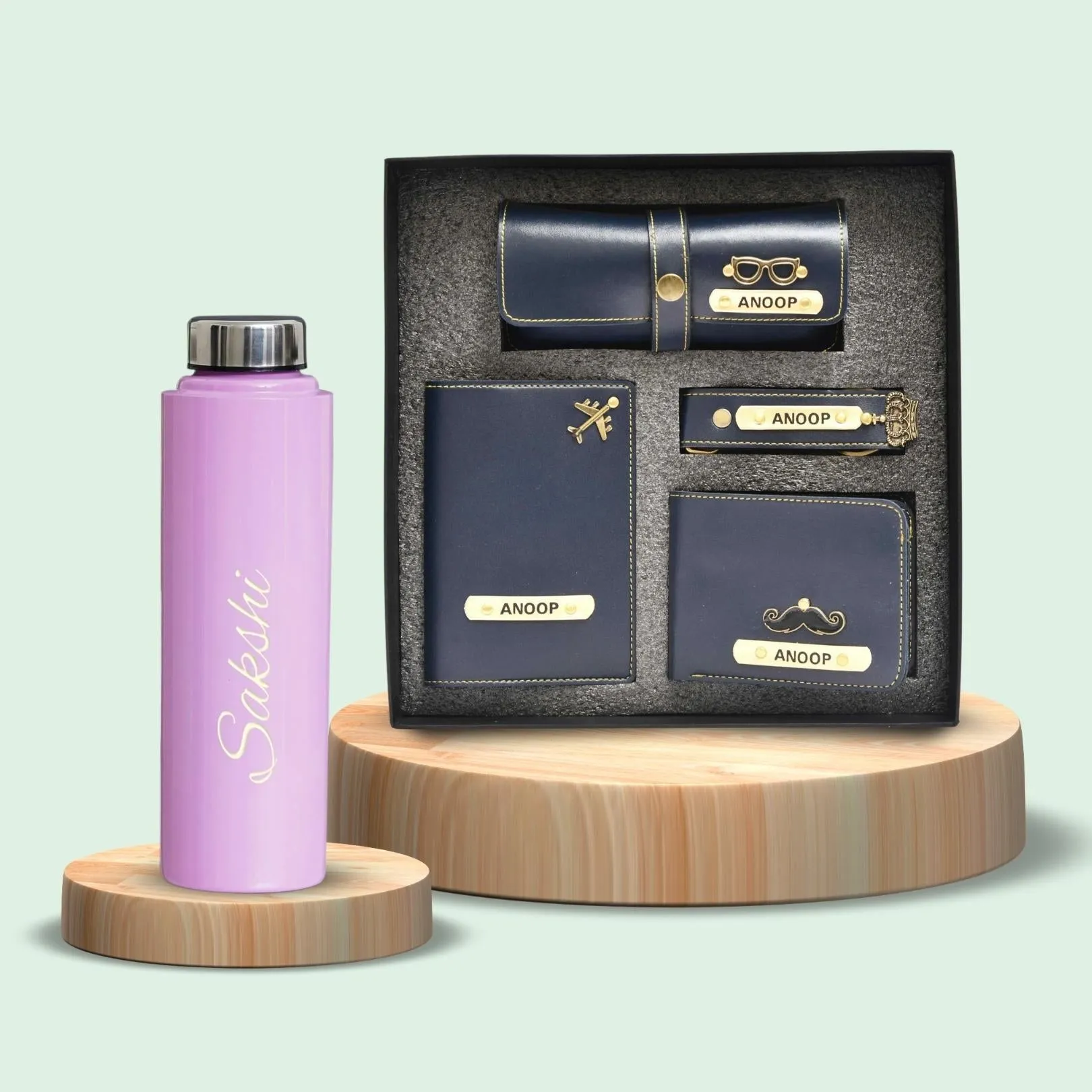 Personalised Pink Classic Smart Bottle (1 Litre) & All in One Men's Combo (4 pcs) - Royal Blue