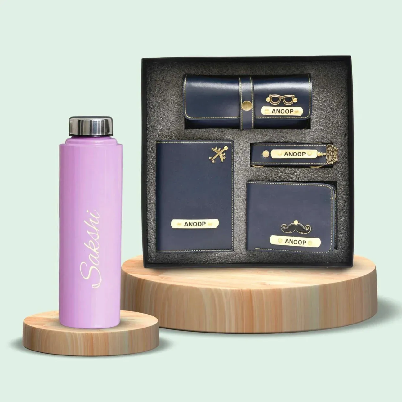 Personalised Pink Classic Smart Bottle (1 Litre) & All in One Men's Combo (4 pcs) - Royal Blue